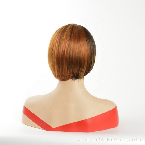 Wholesale Synthetic wigs short Silky straight stitching color gold and brown Wig for mature  fashion women